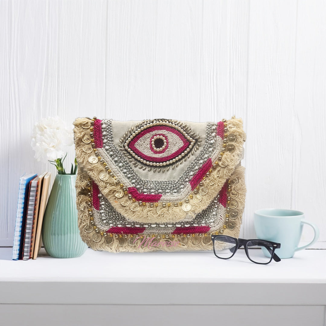Women Ethnic Embellished Handmade Designer Boho Bag (Soft Blush)