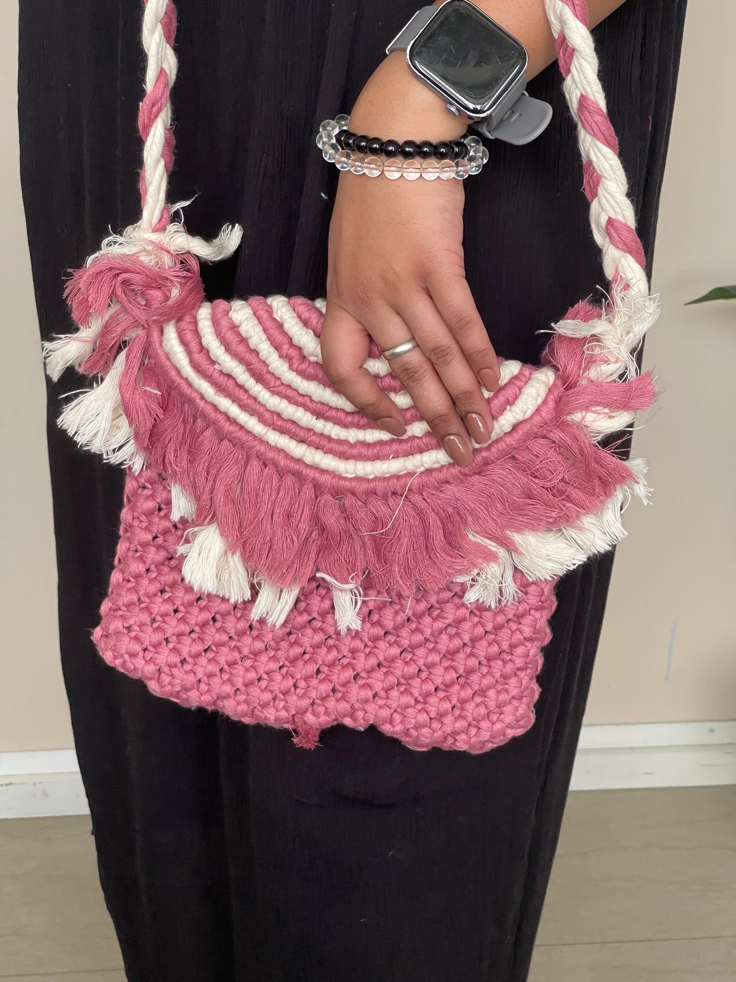 Handcrafted Pink and Beige Handmade Macrame Bag for women (BerryFringe)