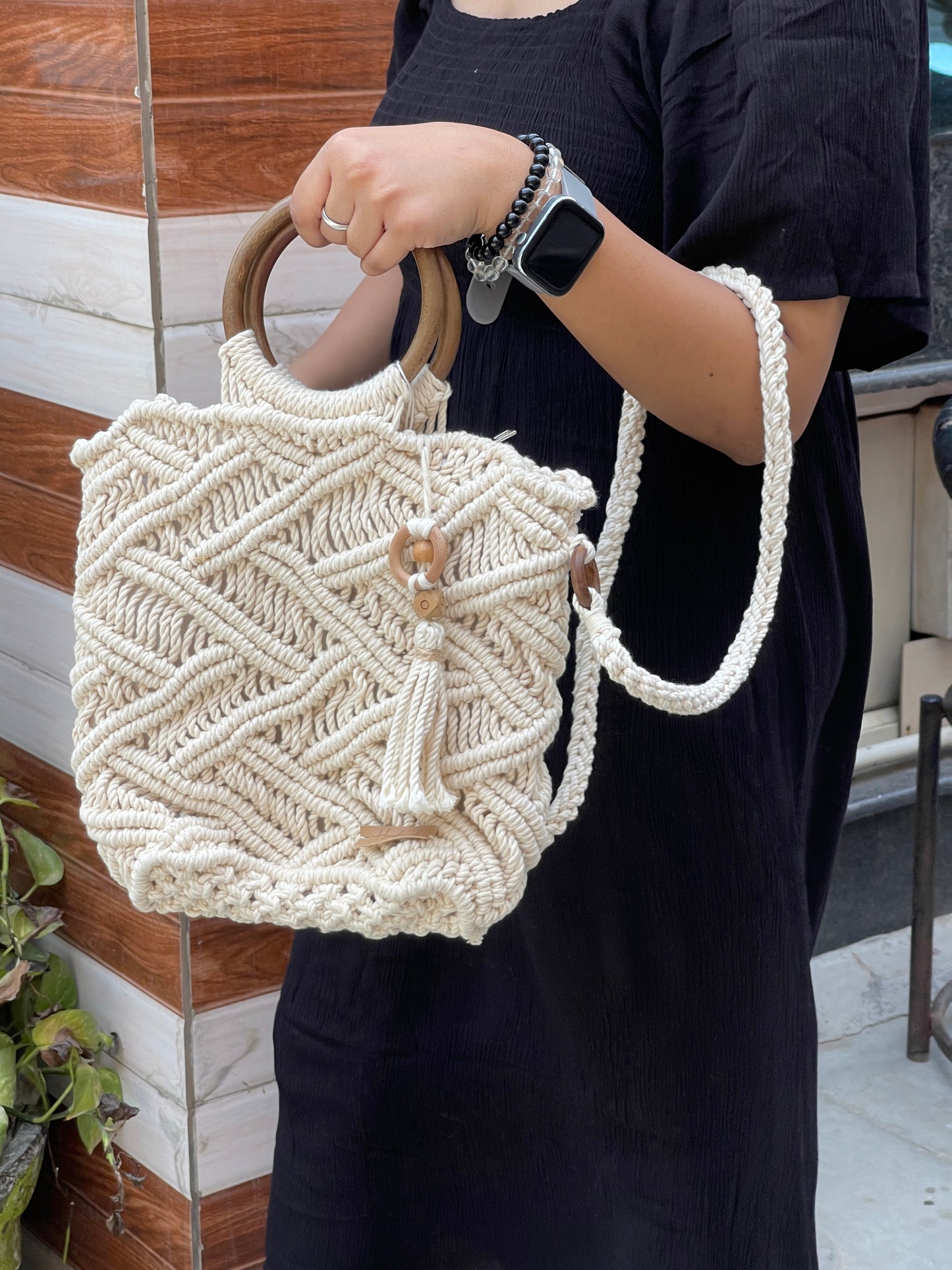 Handcrafted Off White Macrame Bag with Wooden Handles for Women (TASSELGROVE)