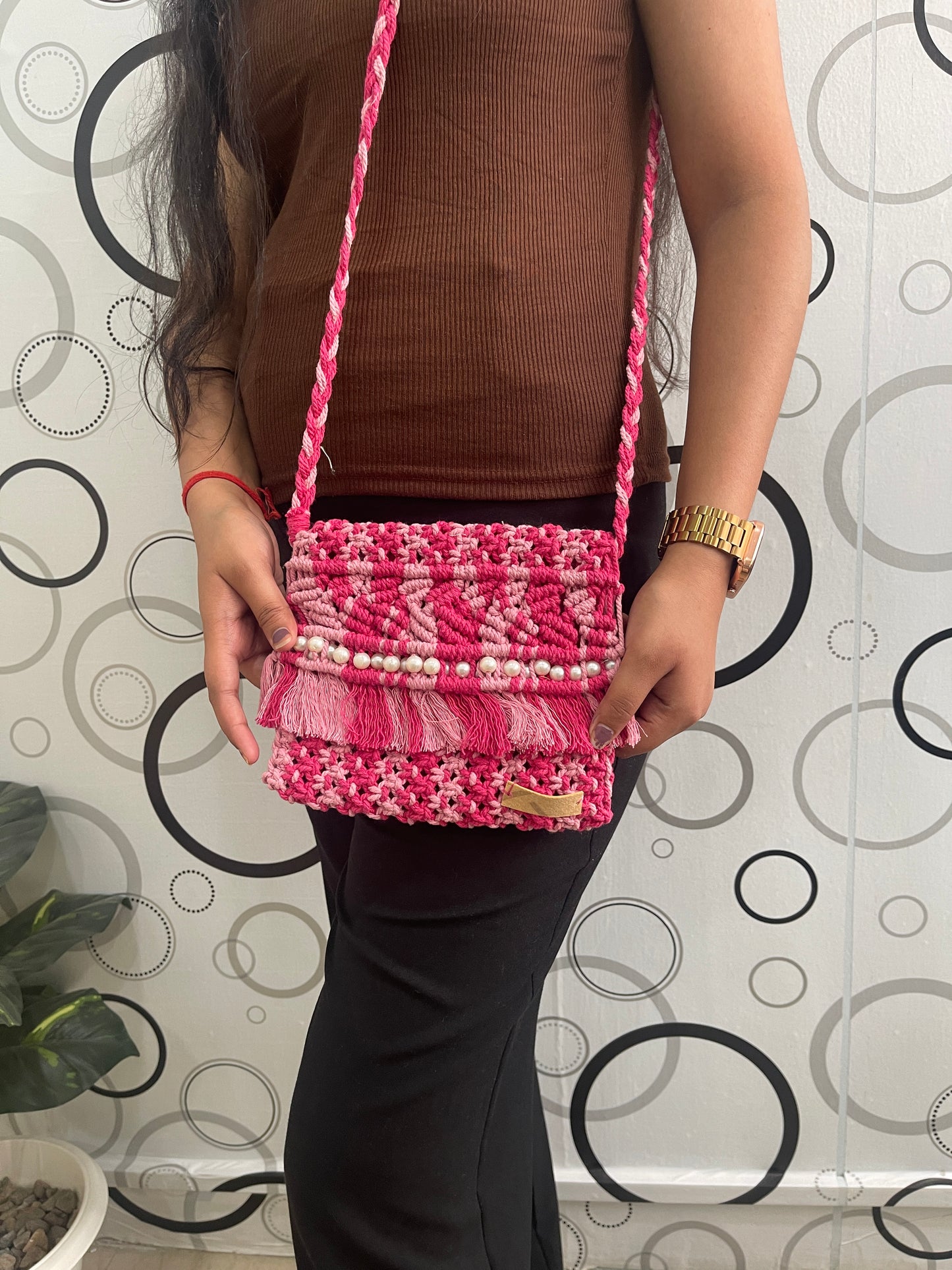 Handmade Pink Macrame Bag with Fringe for Women (PinkPetal)