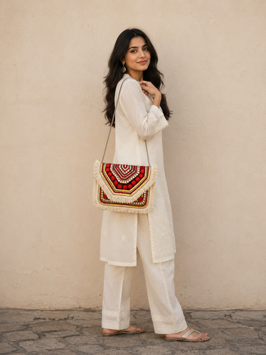 Women Ethnic Embellished Handmade Designer Red Boho Bag