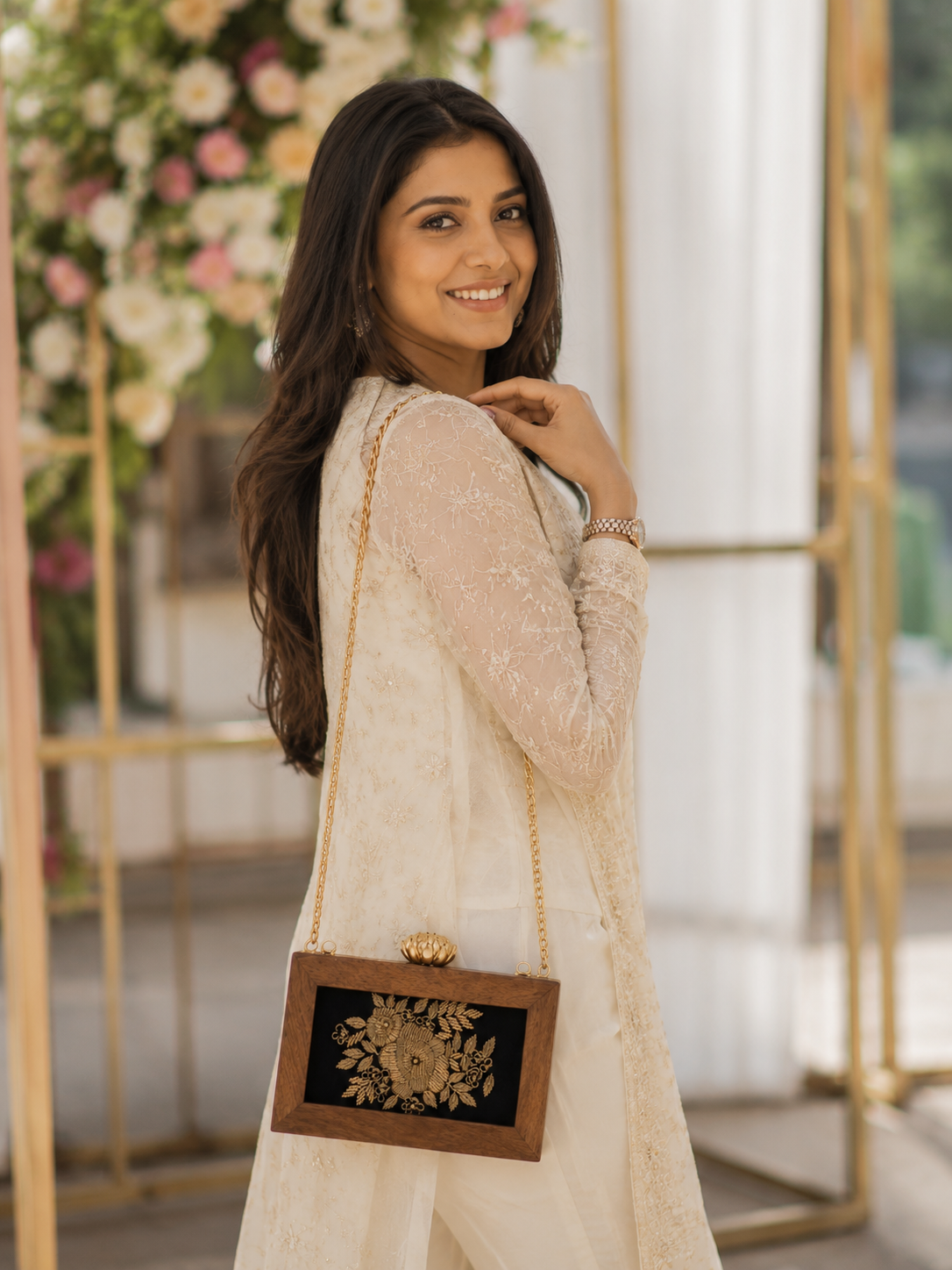 Handmade Wooden Clutch with Rose Embroidery for Women