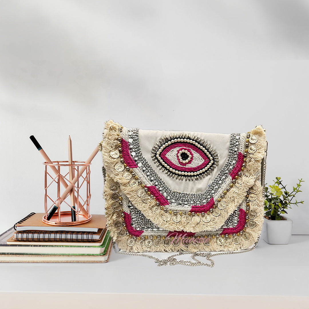 Women Ethnic Embellished Handmade Designer Boho Bag (Soft Blush)
