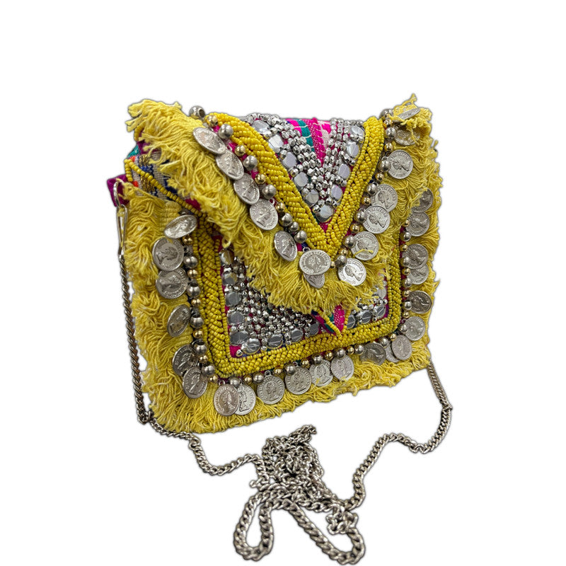 Women Ethnic Embellished Handmade Yellow Boho Bag