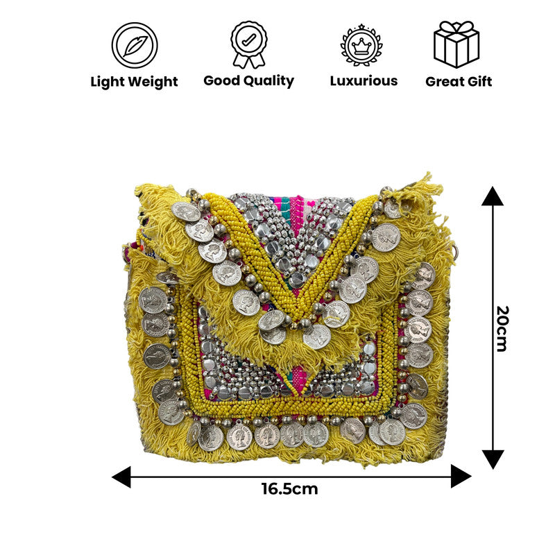 Women Ethnic Embellished Handmade Yellow Boho Bag