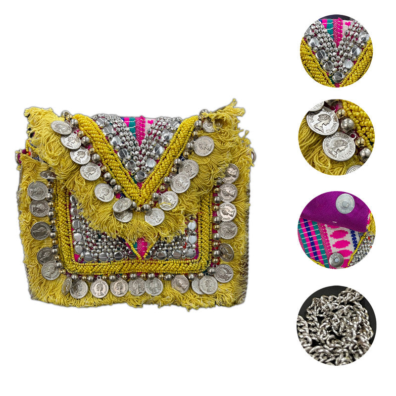 Women Ethnic Embellished Handmade Yellow Boho Bag