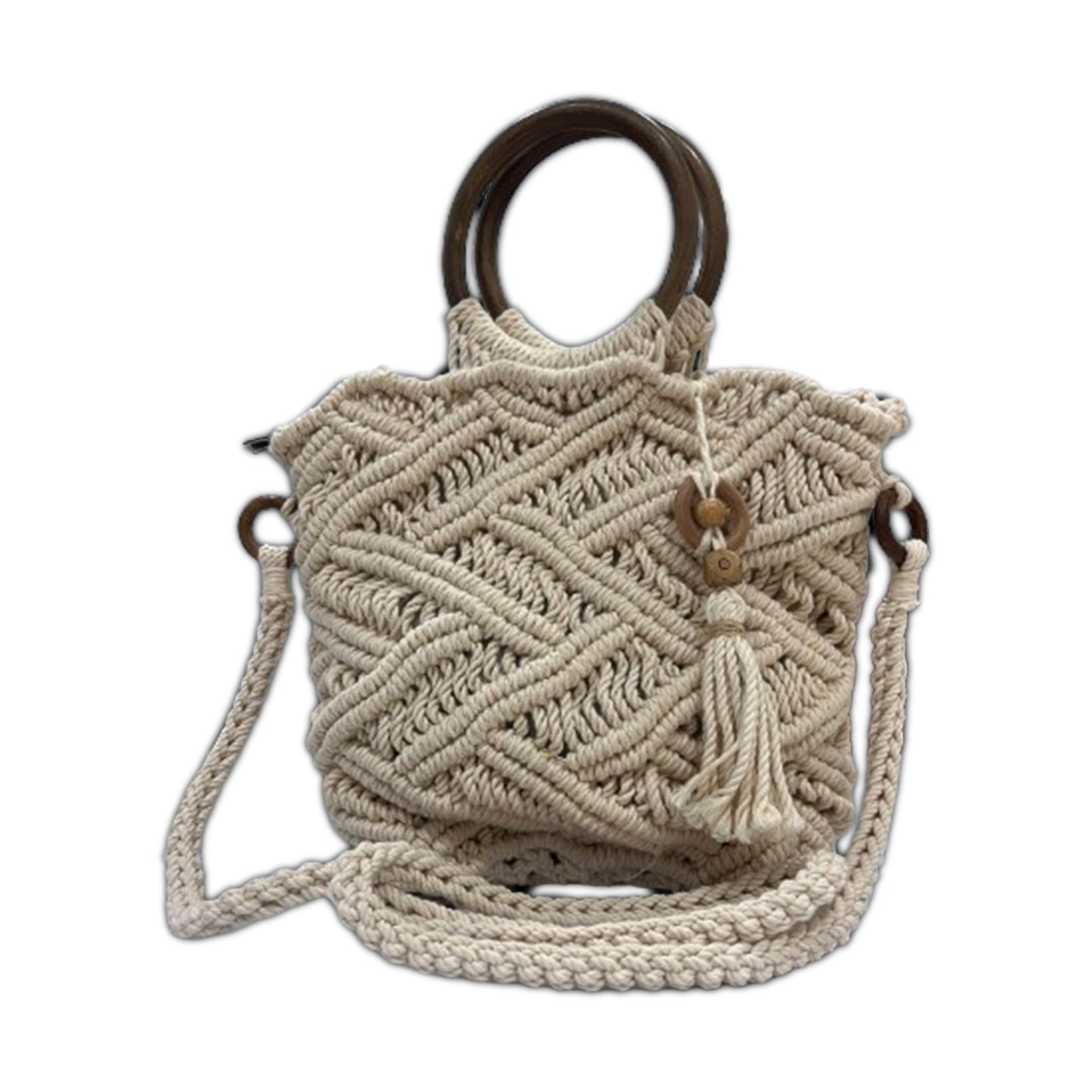 Handcrafted Off White Macrame Bag with Wooden Handles for Women (TASSELGROVE)
