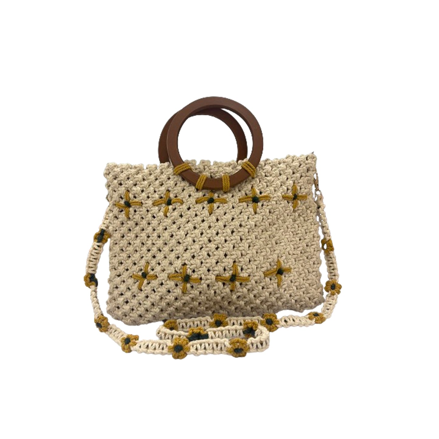 Handmade Macrame Bag with Wooden Handles for Women (BEIGEAURA)