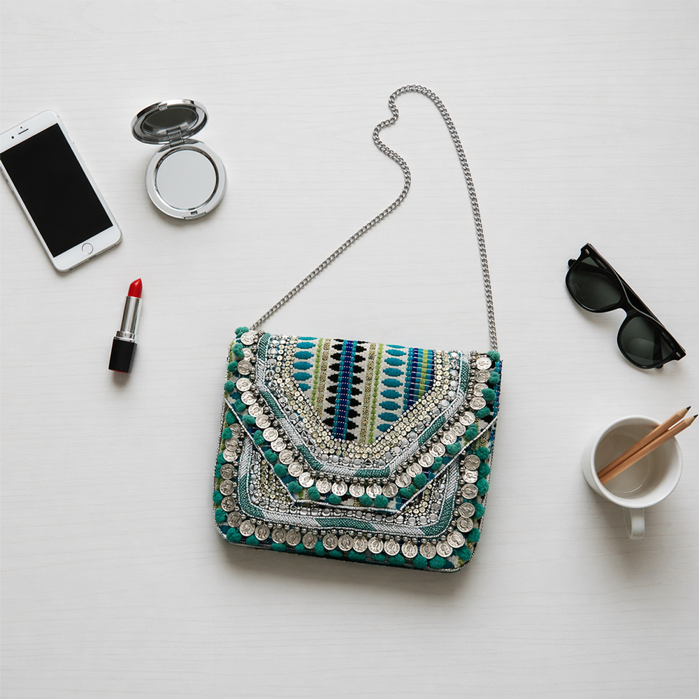 Women Ethnic Embellished Handmade Designer Boho Bag (Evergreen)