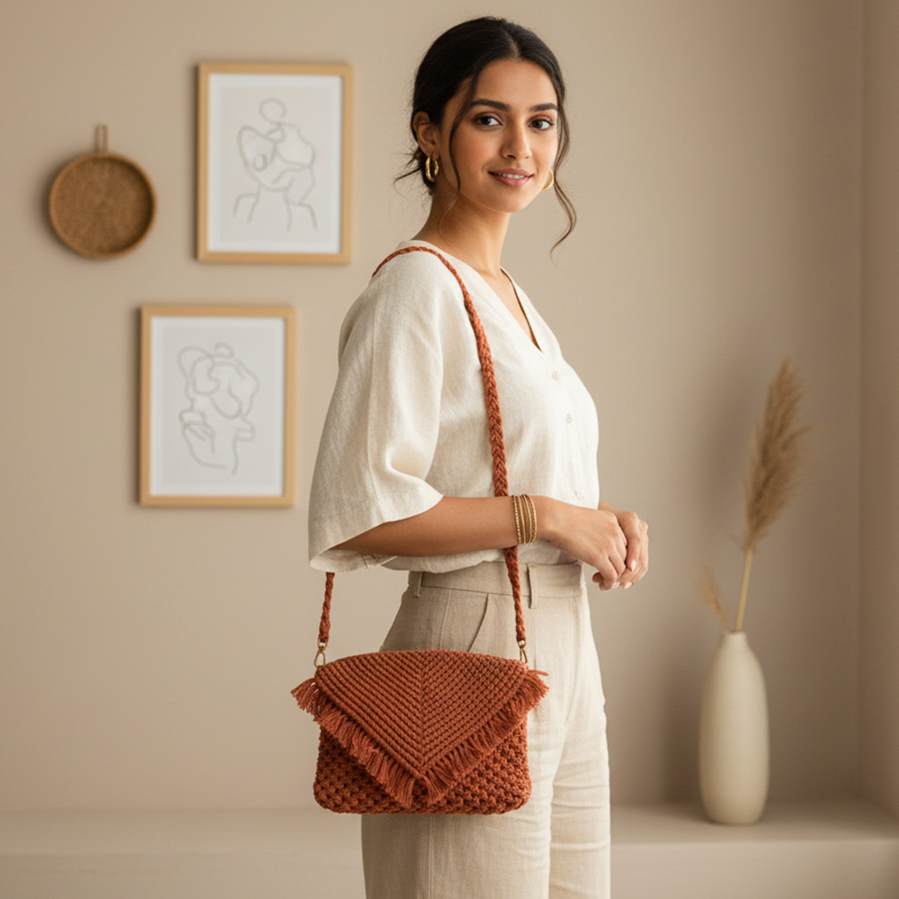 Handcrafted Crochet Macrame Bag with Tassel for Women (VinoCharm)