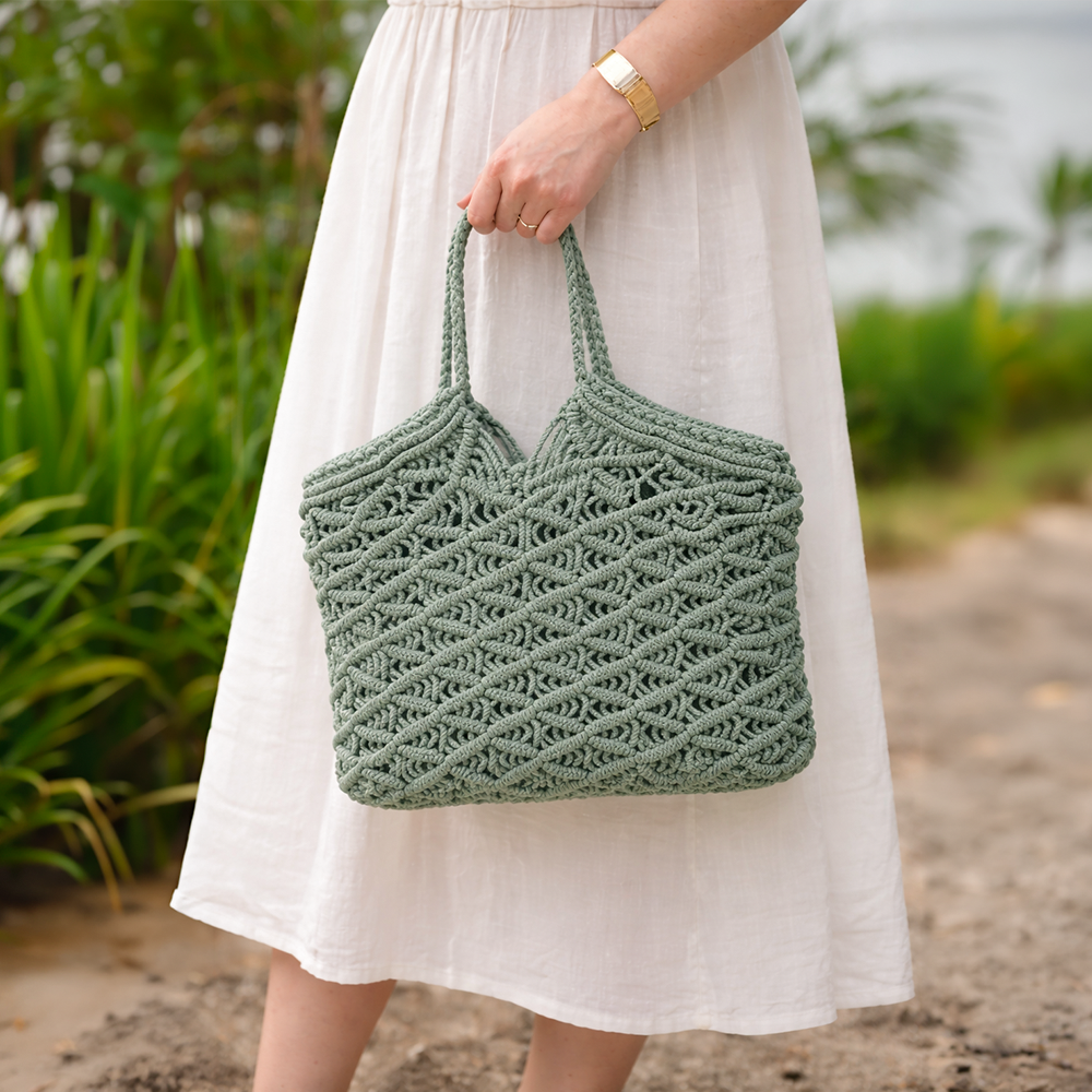 Handcrafted Macrame Green Tote Bag for Women (Seafoam Serenity)