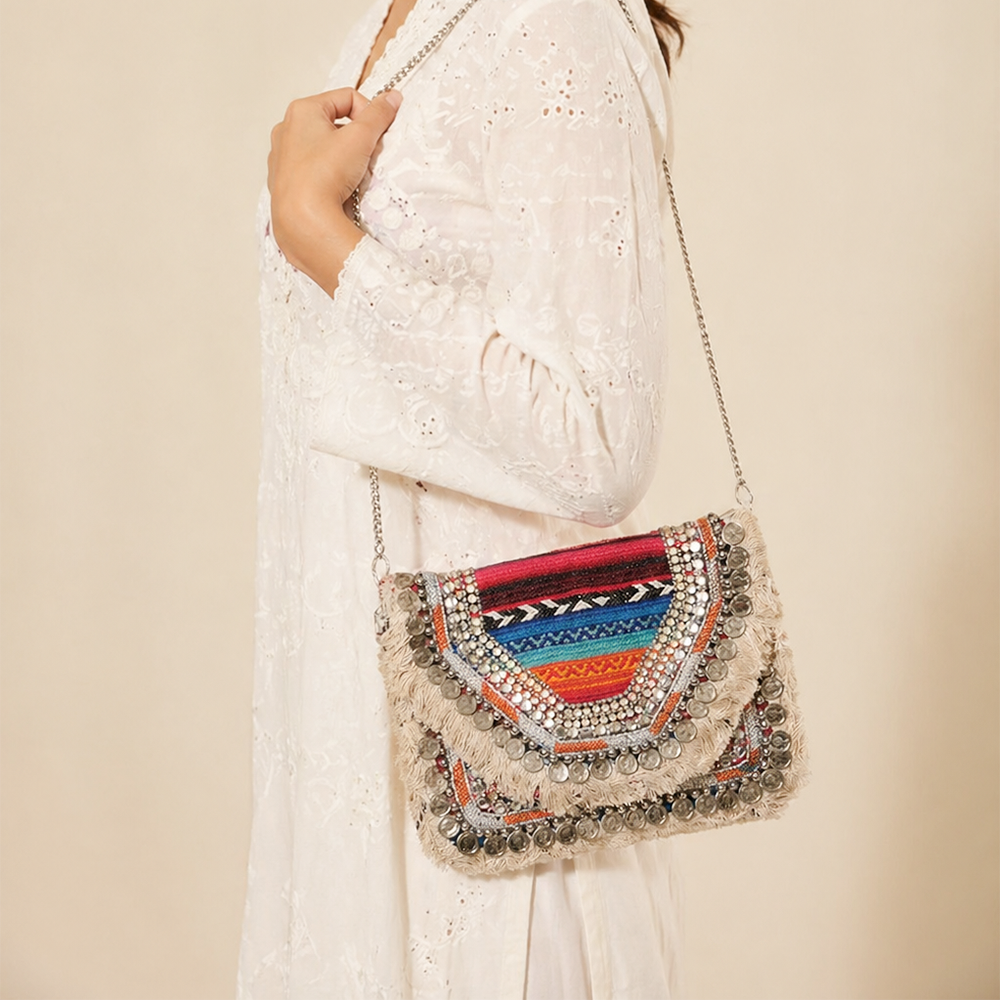 Women Ethnic Embellished Handmade Designer Boho Bag (Rainbow Riot)