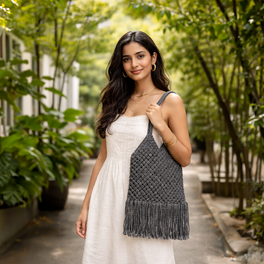 Handcrafted Black Macrame Shoulder Bag for Women (Shadow)