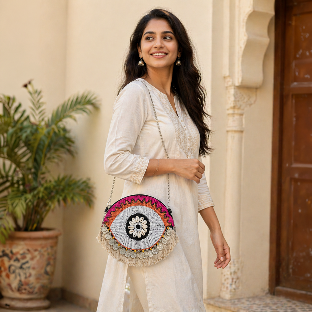 Handcrafted Evil Eye Beaded Crossbody Orange Boho Bag