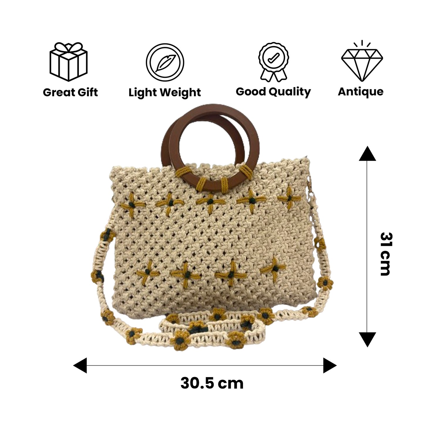 Handmade Macrame Bag with Wooden Handles for Women (BEIGEAURA)