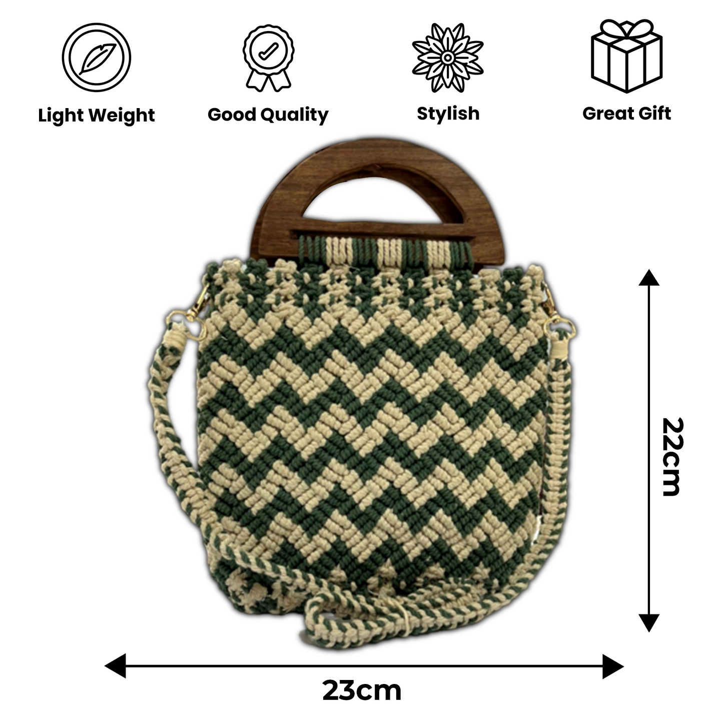 Handmade Green & Beige Chevron Macrame Bag for Women (MintyLoom)