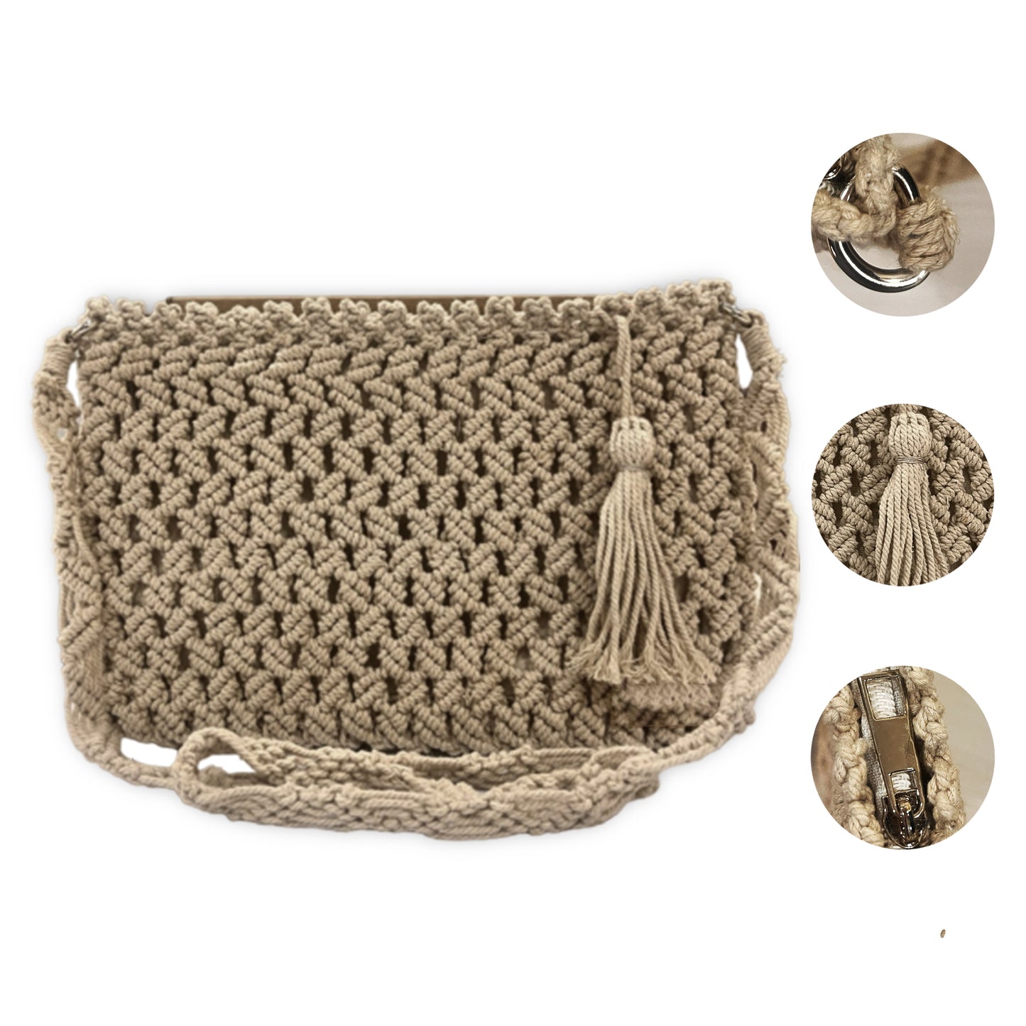 Handcrafted Beige Macrame Crossbody Bag for Women (BeigeBliss)