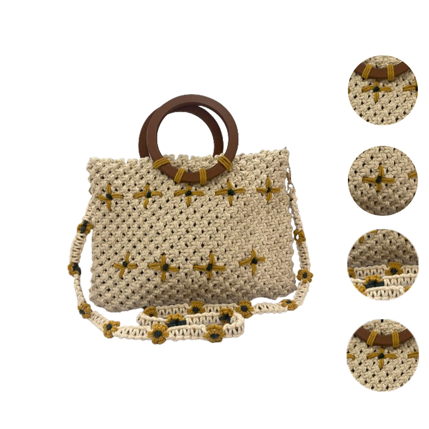 Handmade Macrame Bag with Wooden Handles for Women (BEIGEAURA)
