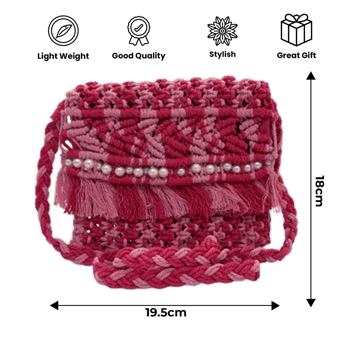 Handmade Pink Macrame Bag with Fringe for Women (PinkPetal)