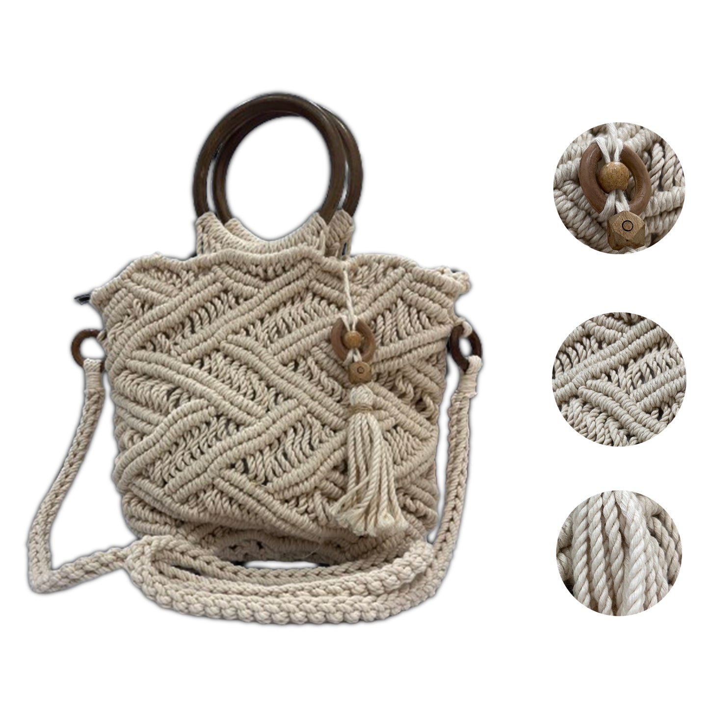 Handcrafted Off White Macrame Bag with Wooden Handles for Women (TASSELGROVE)