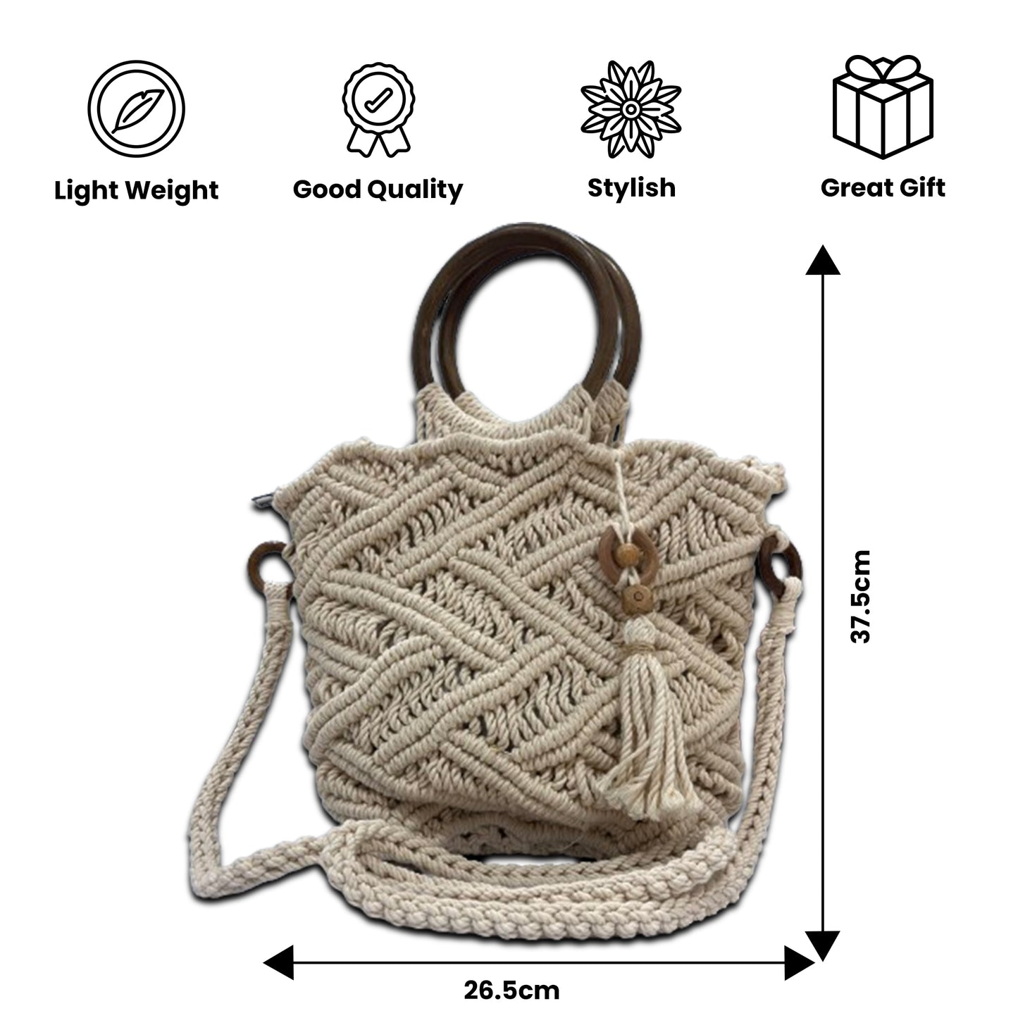 Handcrafted Off White Macrame Bag with Wooden Handles for Women (TASSELGROVE)