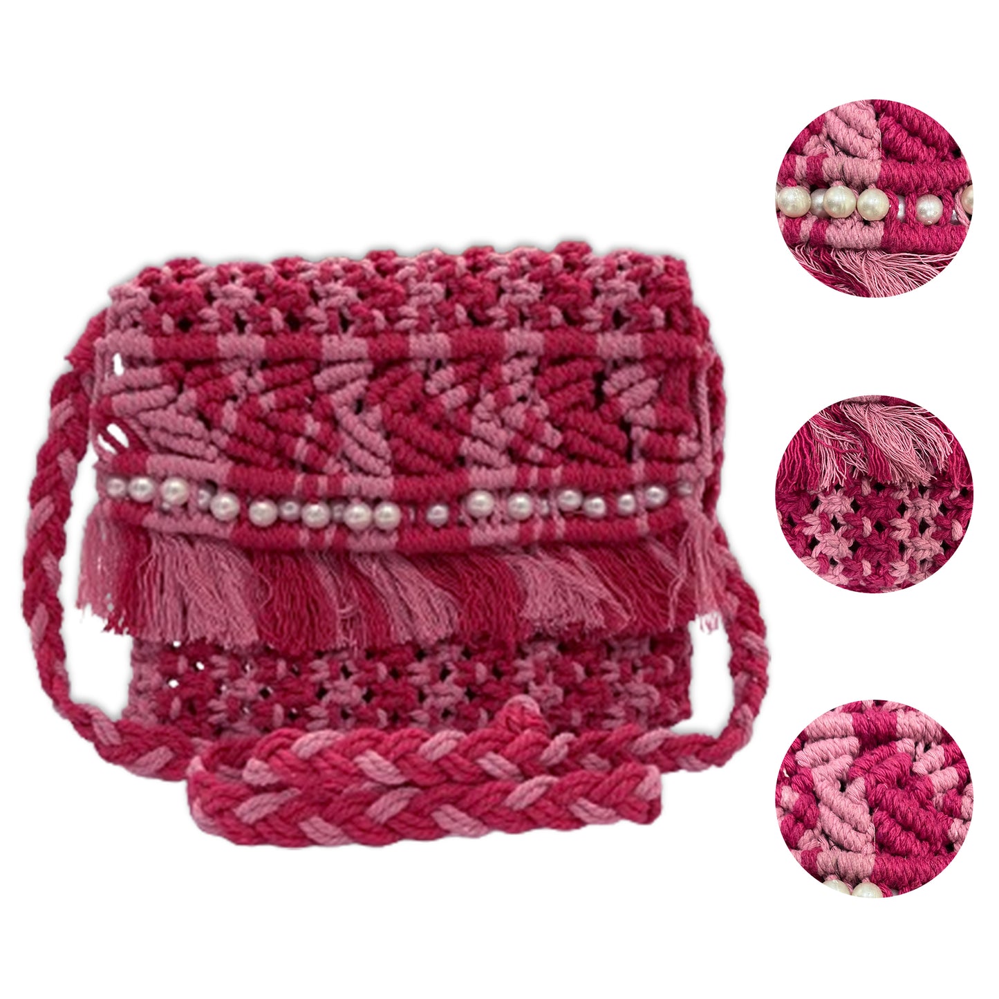 Handmade Pink Macrame Bag with Fringe for Women (PinkPetal)