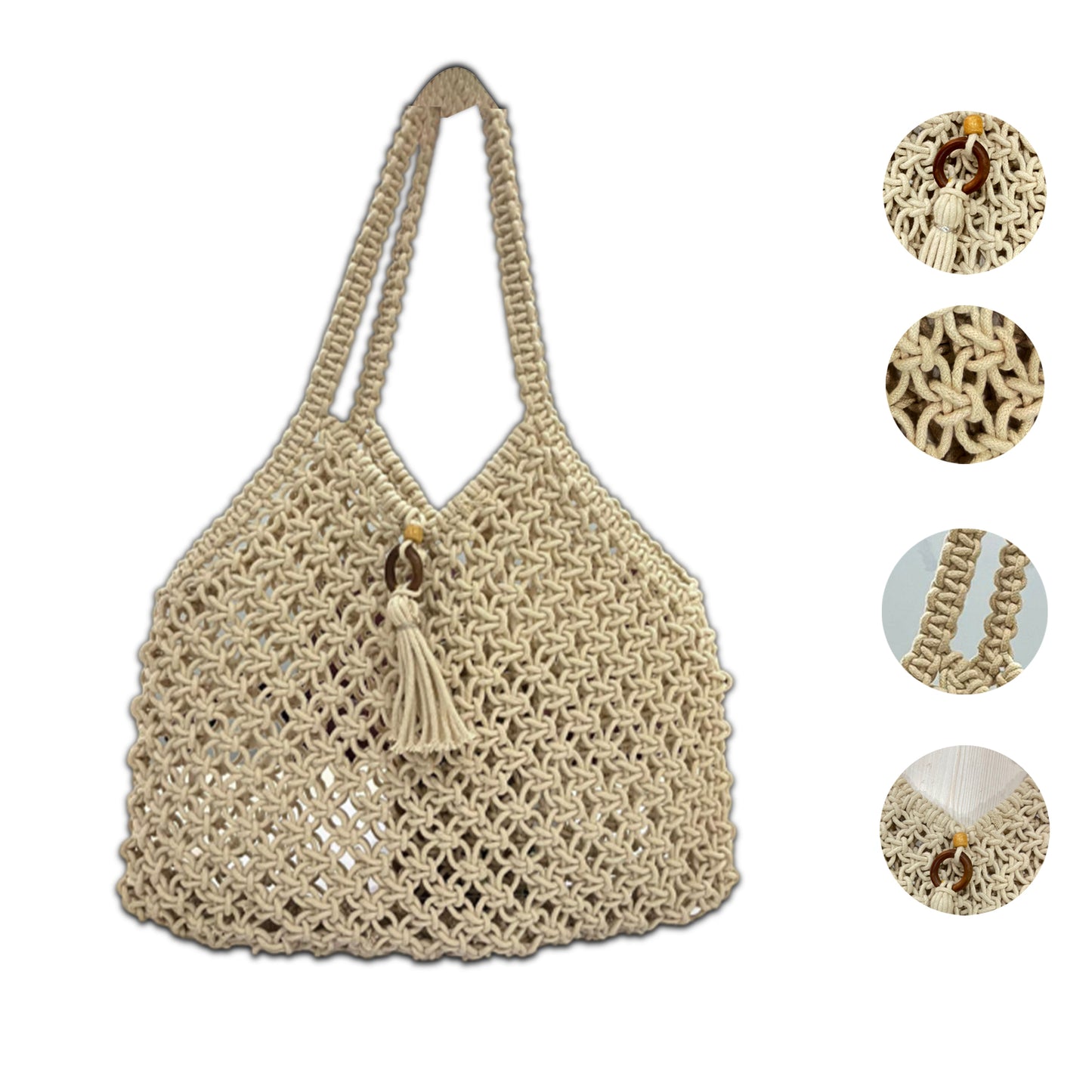 Handcrafted Off White Macrame Tote Bag for Women (Seabreeze)