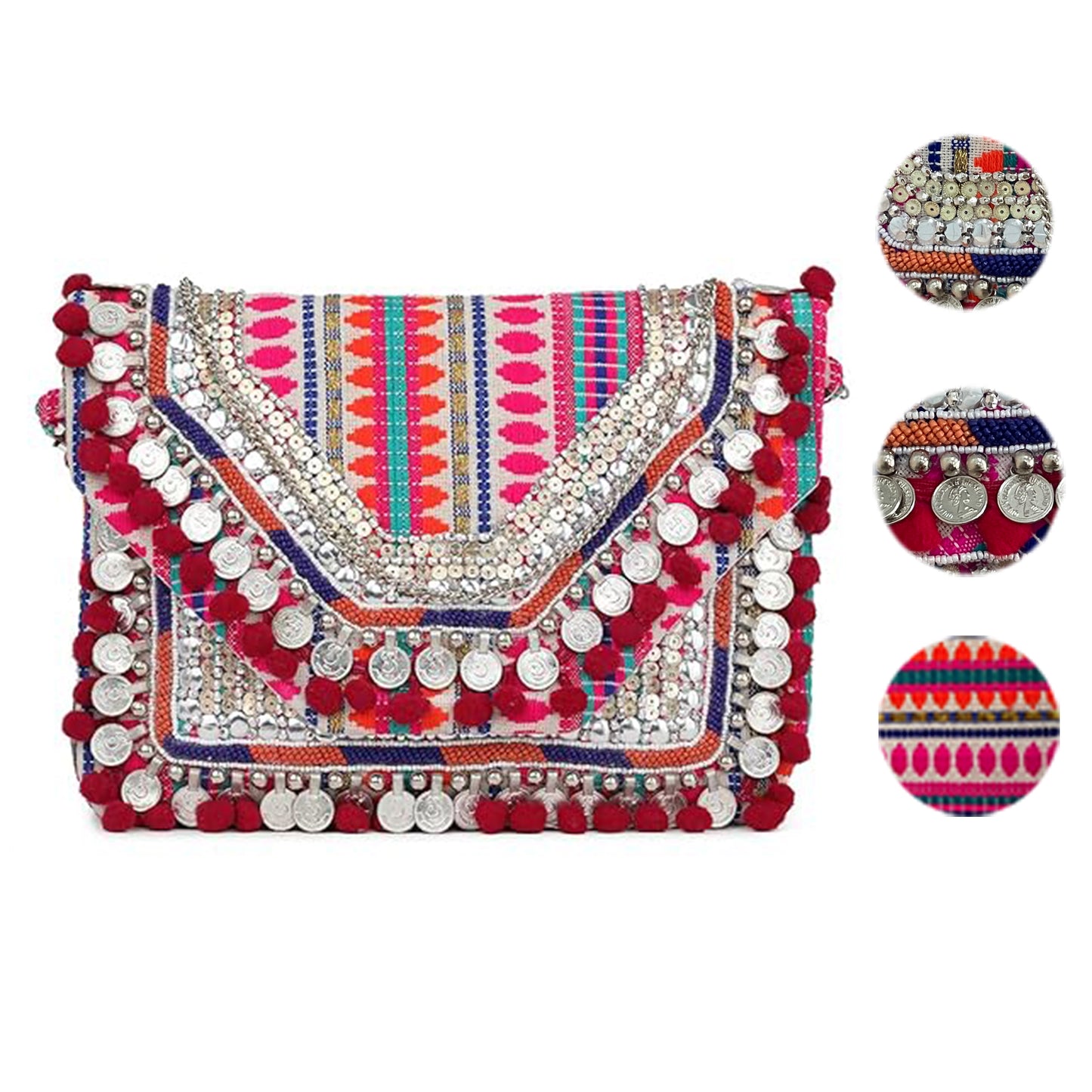 Women Ethnic Embellished Handmade Designer Boho Bag (Pink Perfection)