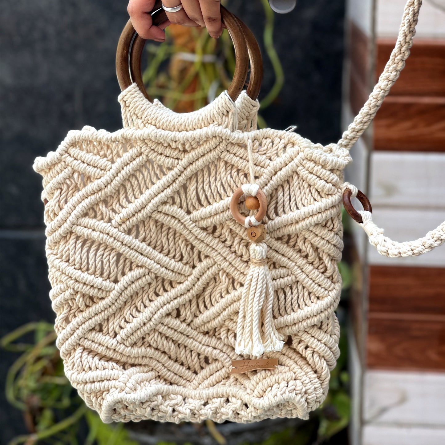 Handcrafted Off White Macrame Bag with Wooden Handles for Women (TASSELGROVE)