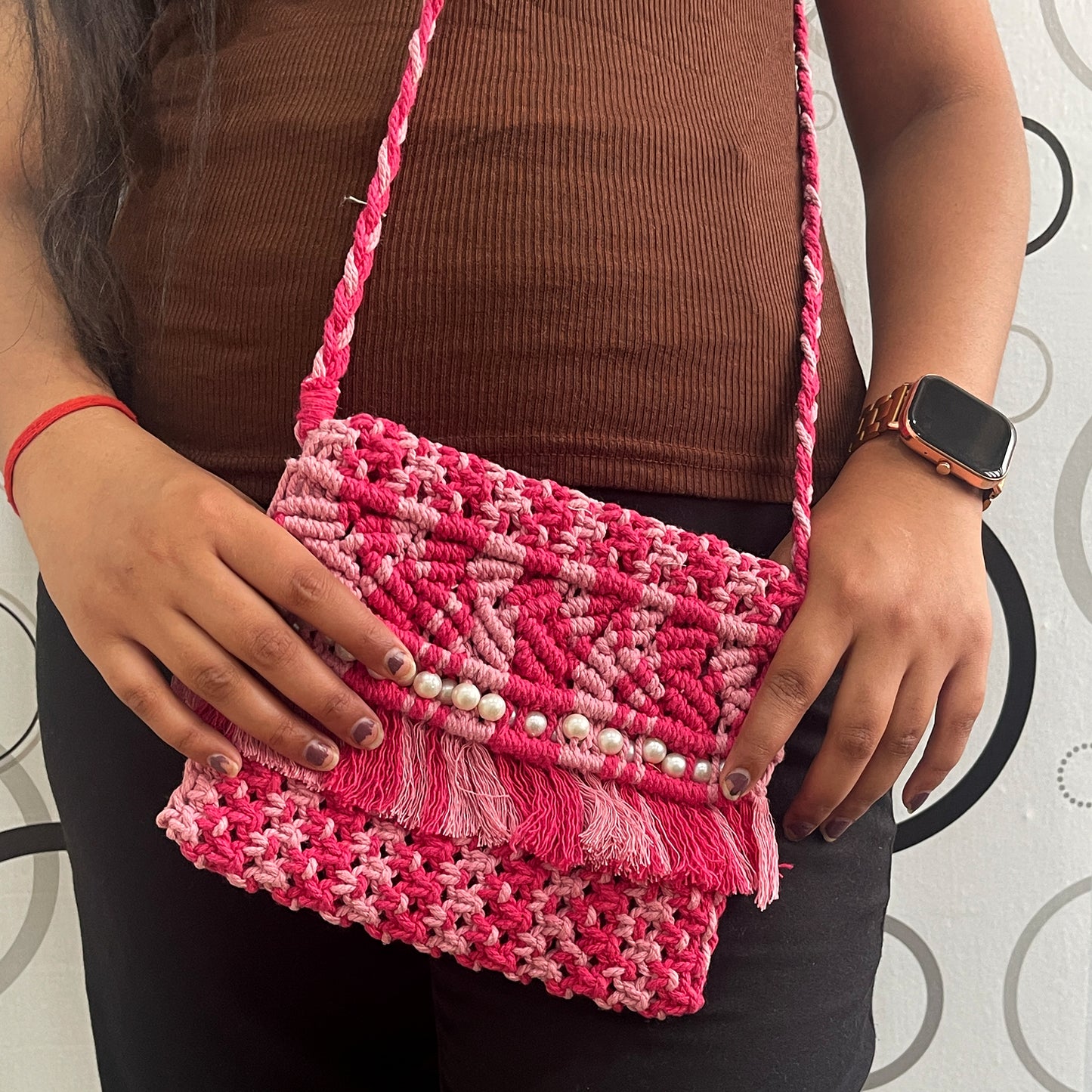 Handmade Pink Macrame Bag with Fringe for Women (PinkPetal)