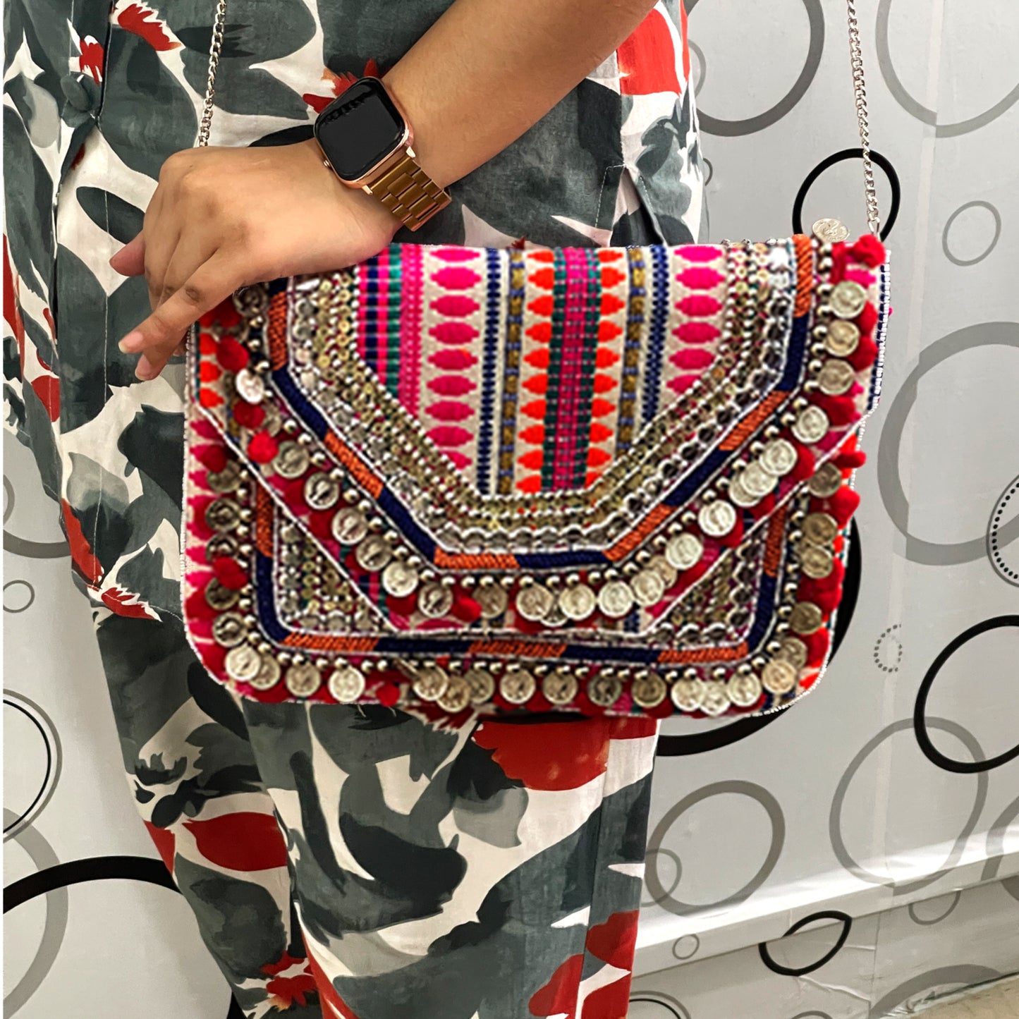 Women Ethnic Embellished Handmade Designer Boho Bag (Pink Perfection)