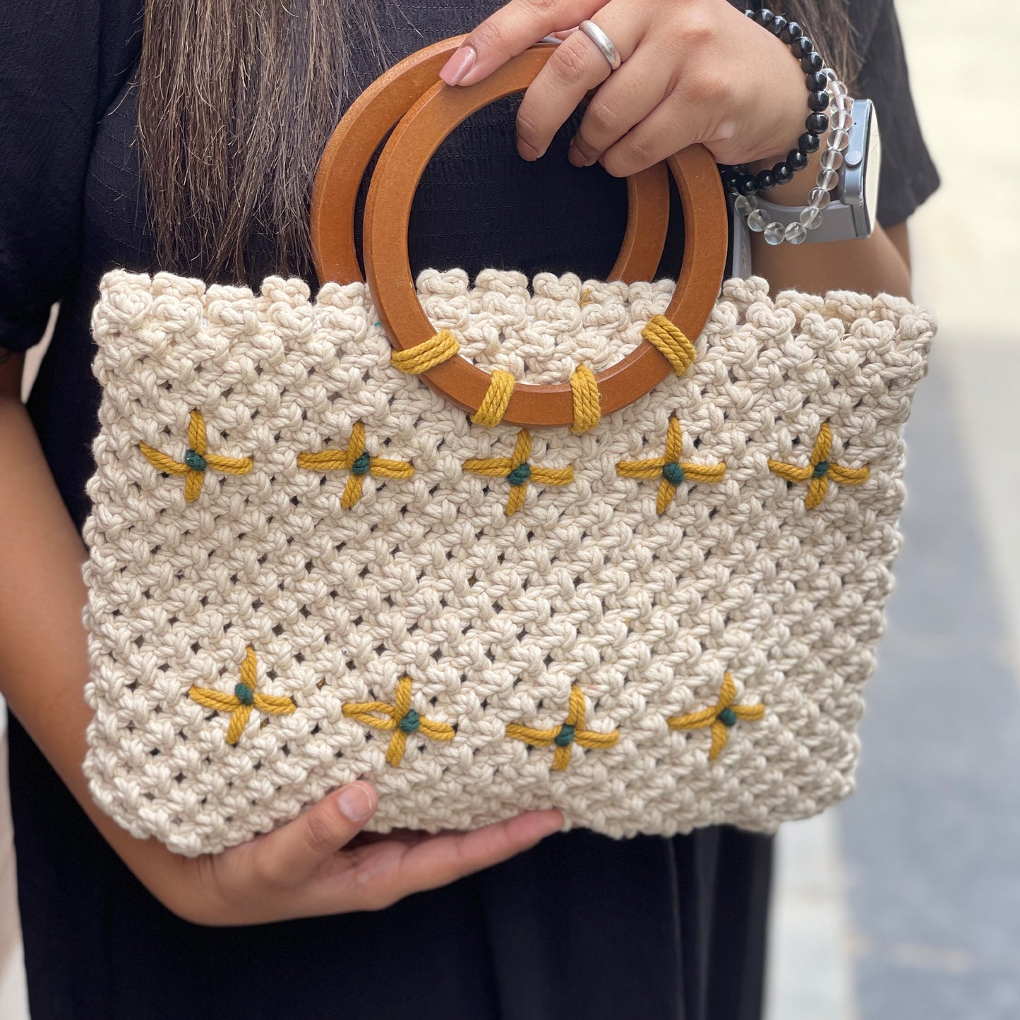 Handmade Macrame Bag with Wooden Handles for Women (BEIGEAURA)