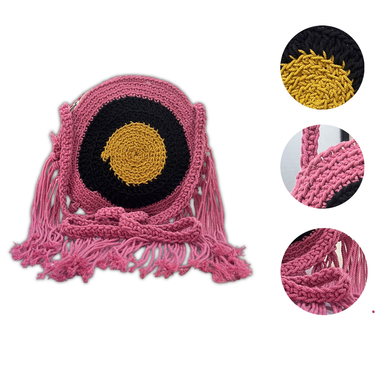 Handcrafted Round Macrame Crochet Crossbody Bag for Women (PinkSunset)