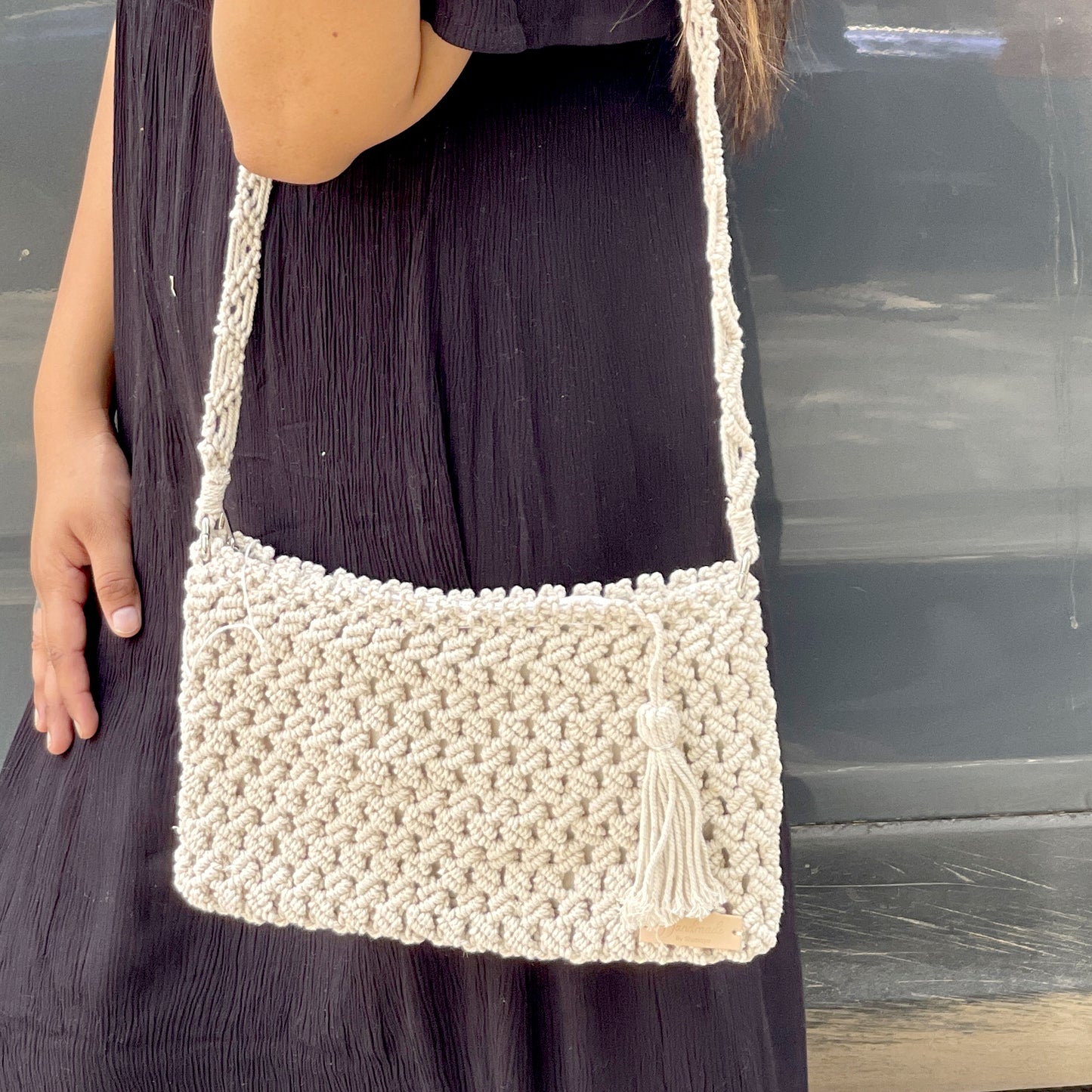 Handcrafted Beige Macrame Crossbody Bag for Women (BeigeBliss)