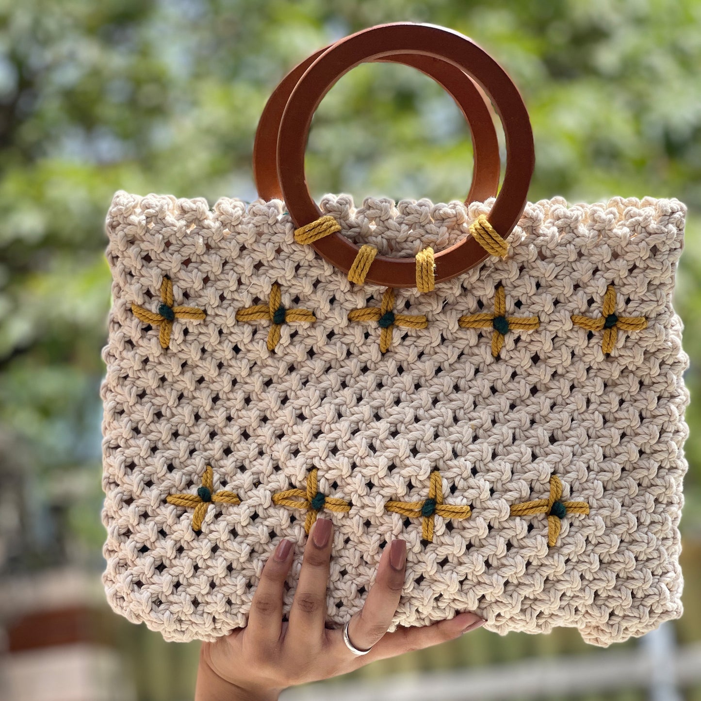 Handmade Macrame Bag with Wooden Handles for Women (BEIGEAURA)