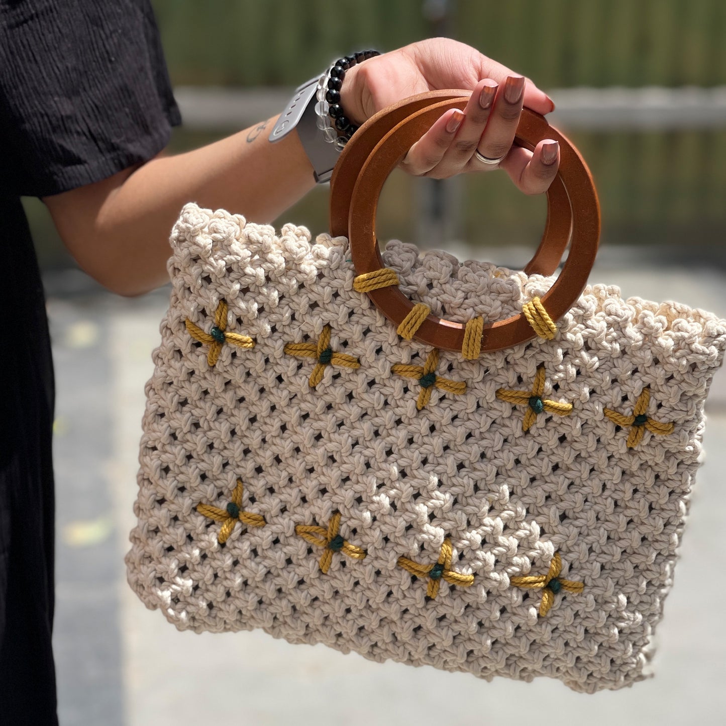 Handmade Macrame Bag with Wooden Handles for Women (BEIGEAURA)