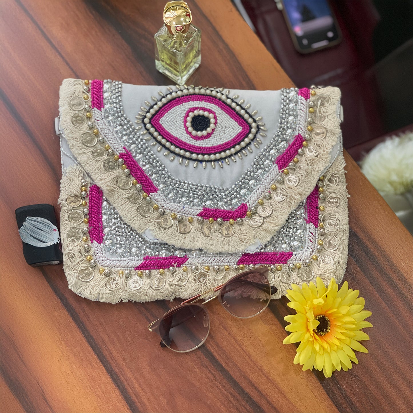 Women Ethnic Embellished Handmade Designer Boho Bag (Soft Blush)