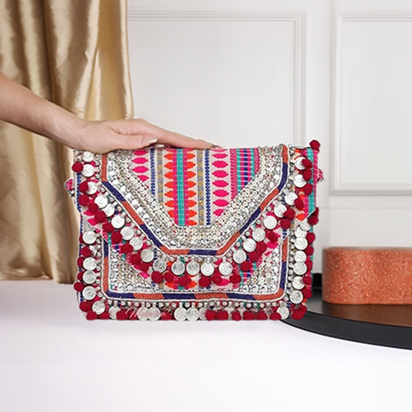 Women Ethnic Embellished Handmade Designer Boho Bag (Pink Perfection)