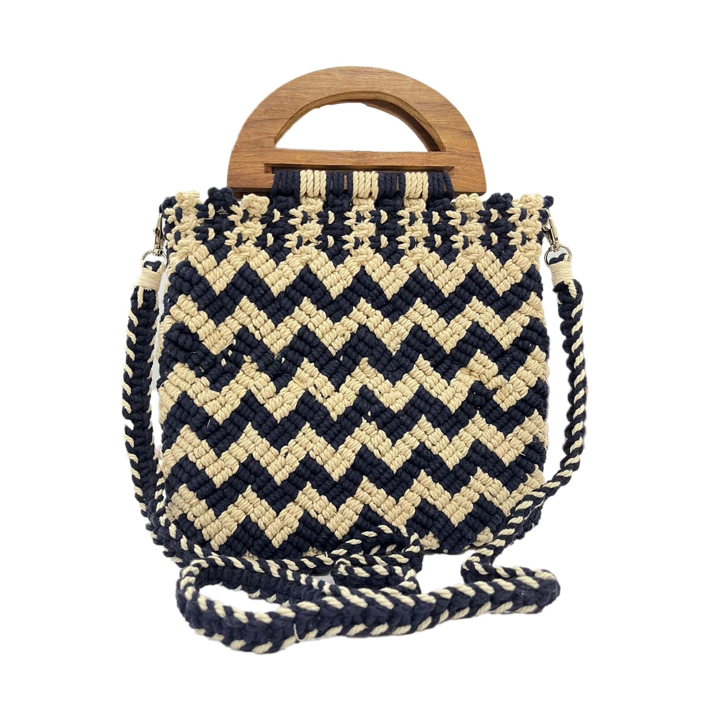 Handmade Blue & Beige Chevron Macrame Bag for Women (SlateChevron)