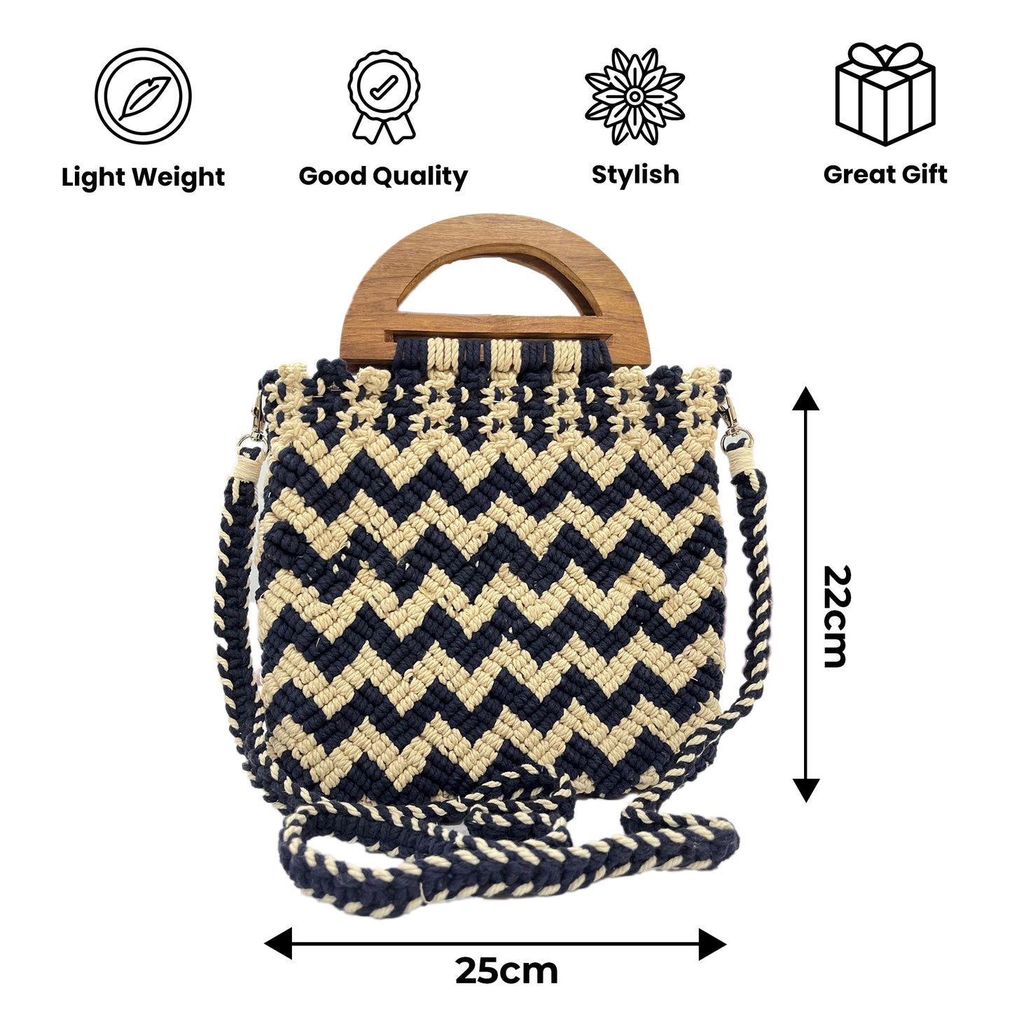 Handmade Blue & Beige Chevron Macrame Bag for Women (SlateChevron)