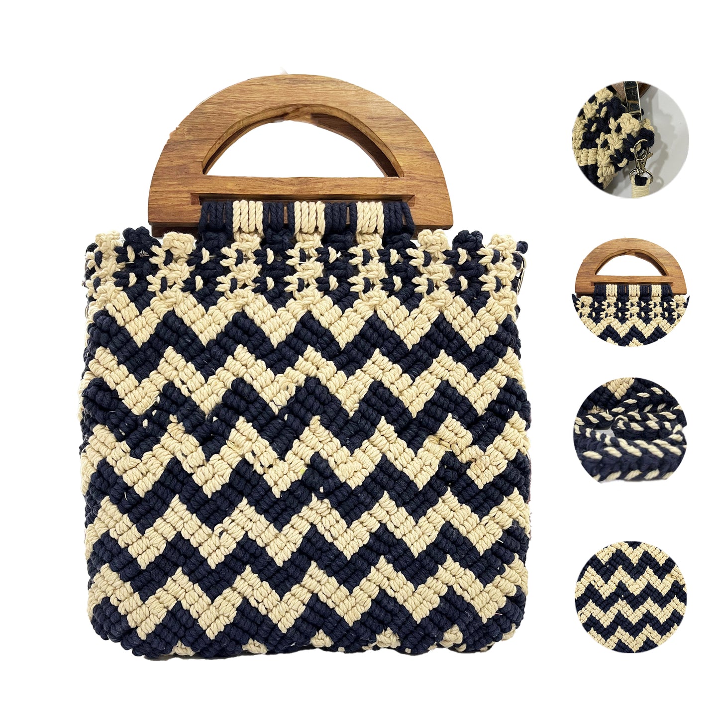 Handmade Blue & Beige Chevron Macrame Bag for Women (SlateChevron)