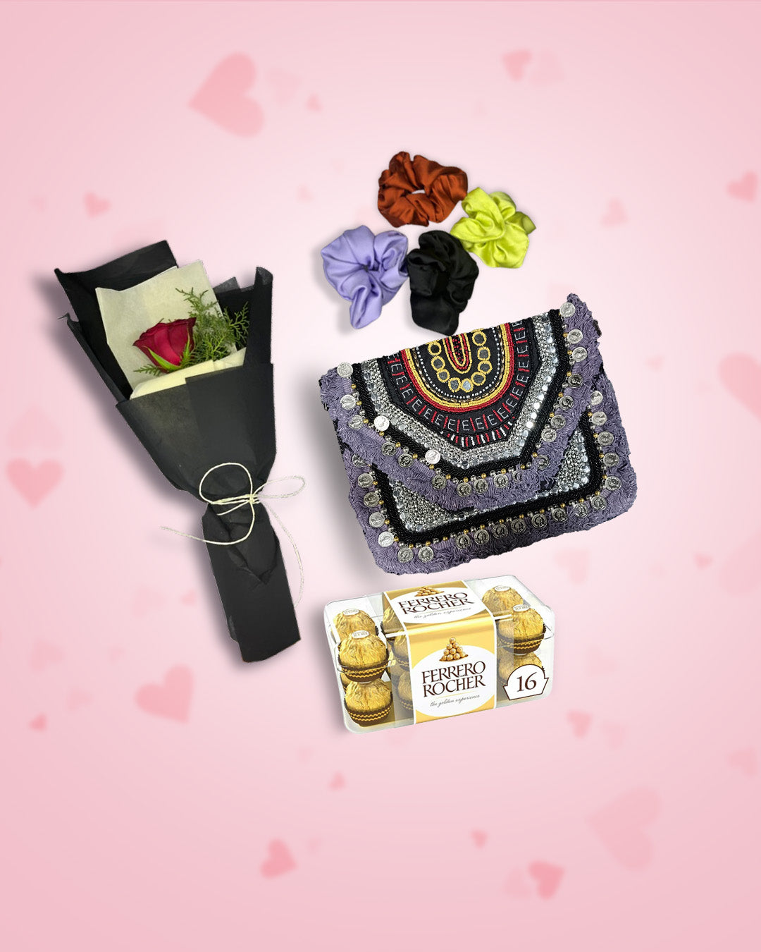 Women's Day Gift : Purple Boho Bag + Rose, Chocolate & Scrunchies