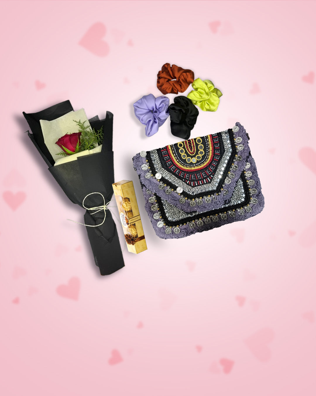 Women's Day Gift : Purple Boho Bag + Rose, Chocolate & Scrunchies