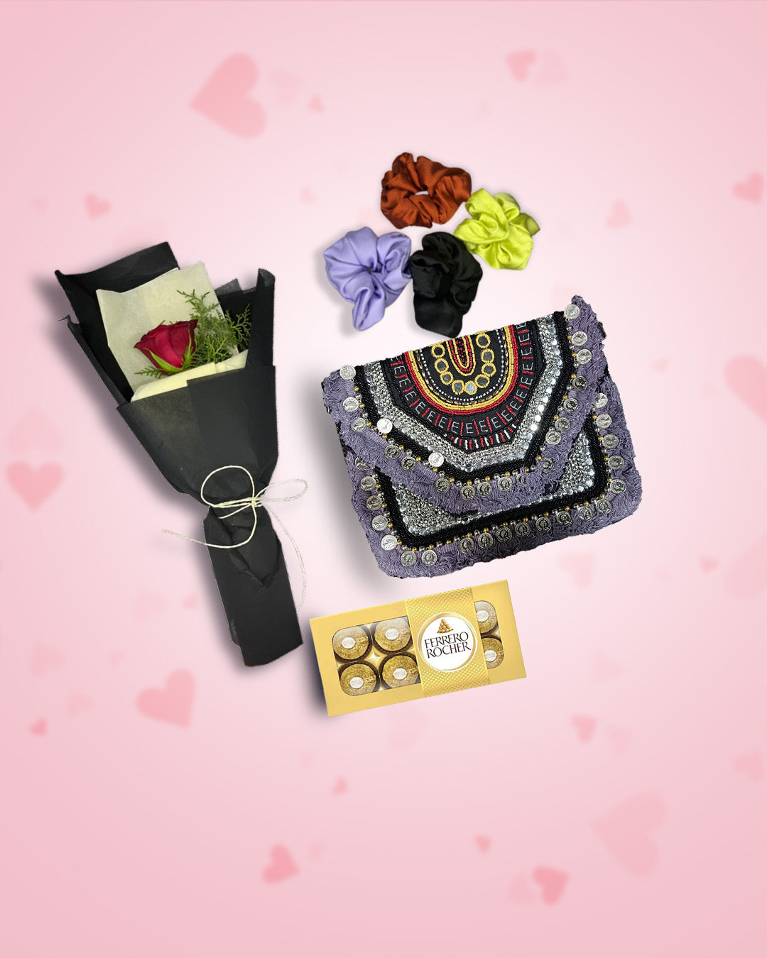 Women's Day Gift : Purple Boho Bag + Rose, Chocolate & Scrunchies