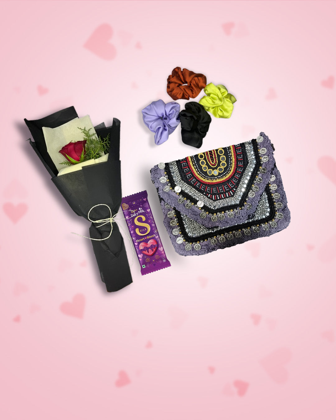 Women's Day Gift : Purple Boho Bag + Rose, Chocolate & Scrunchies