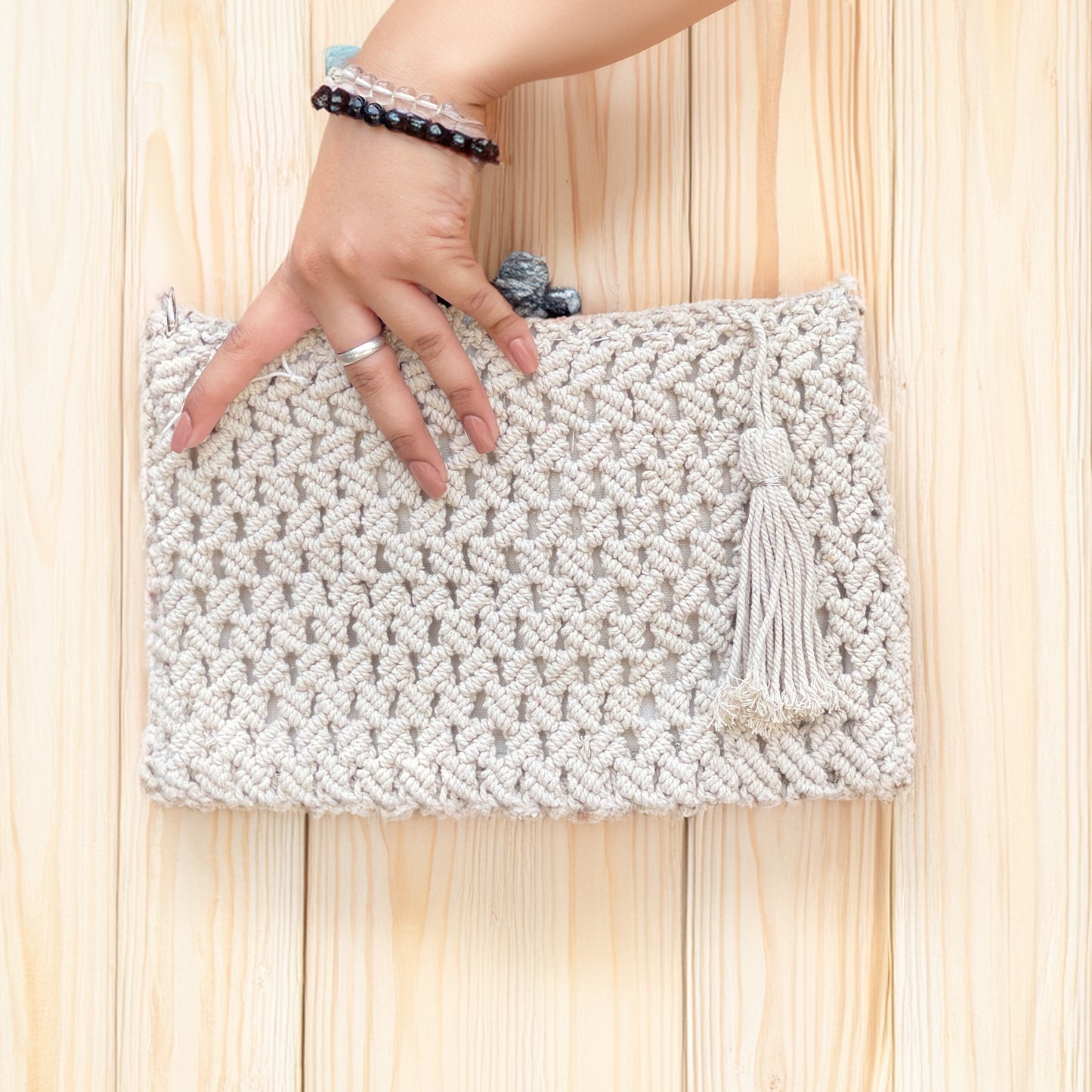 Handcrafted Beige Macrame Crossbody Bag for Women (BeigeBliss)