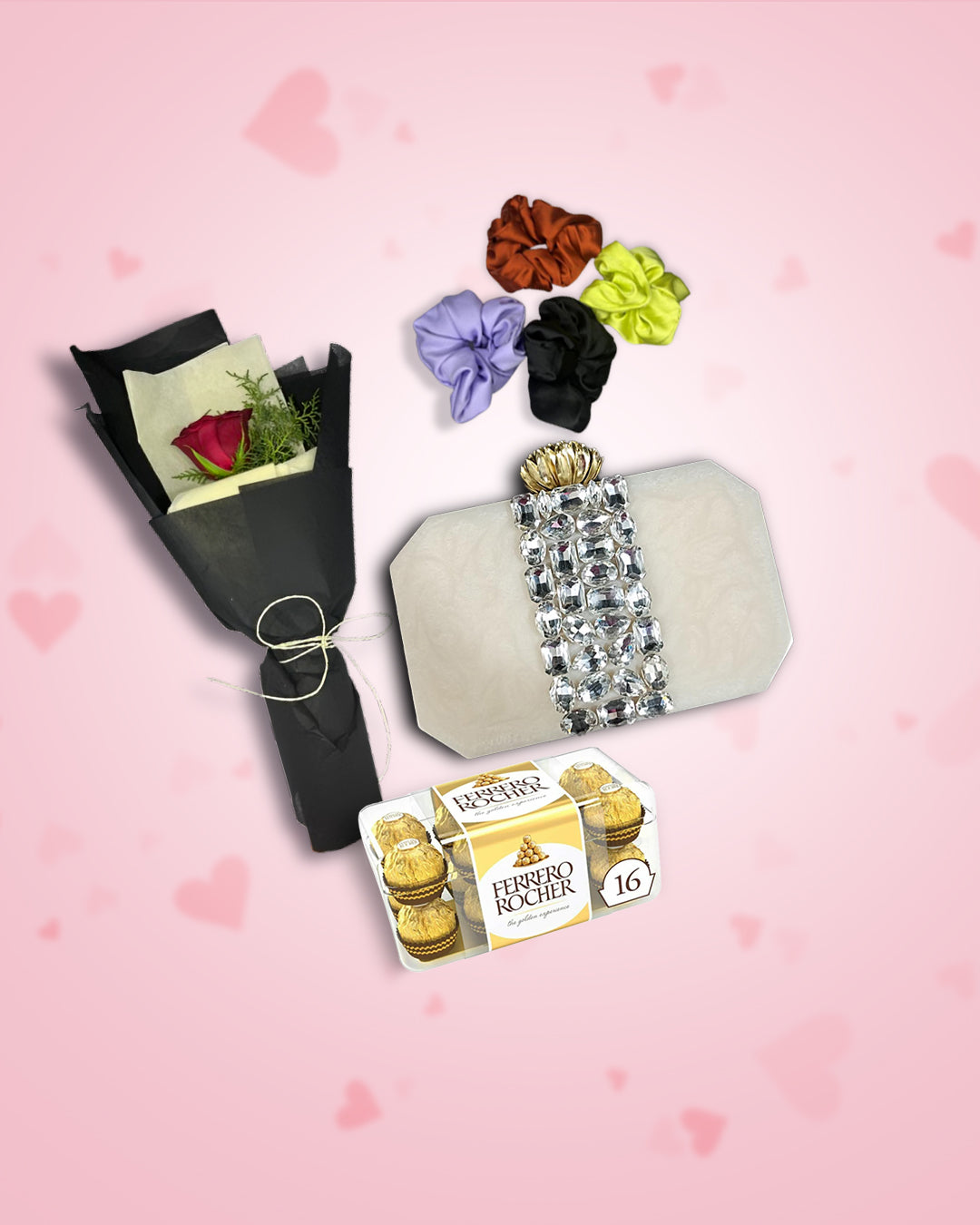 Women's Day Gift : Resin Clutch + Rose, Chocolate & Scrunchies