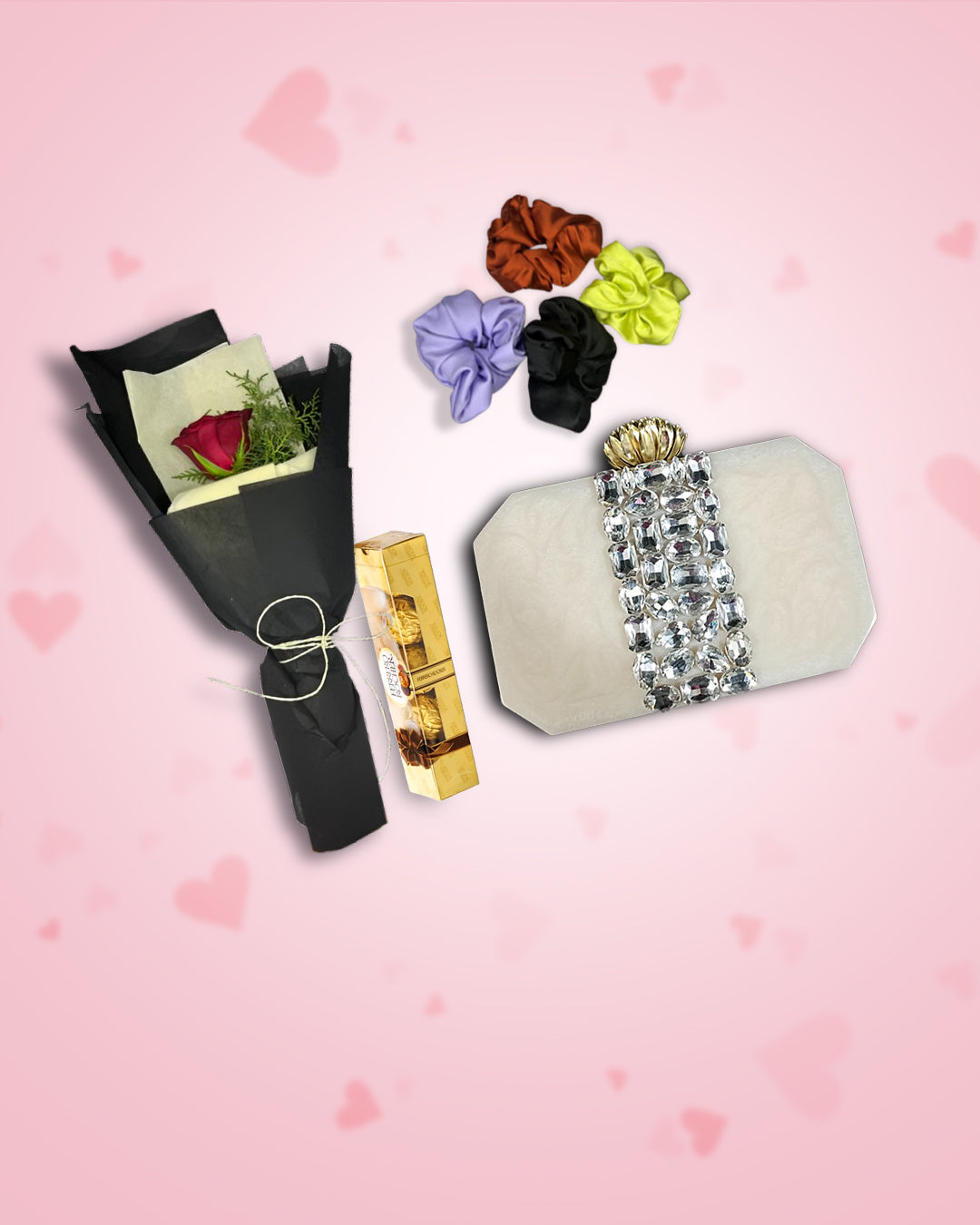 Women's Day Gift : Resin Clutch + Rose, Chocolate & Scrunchies