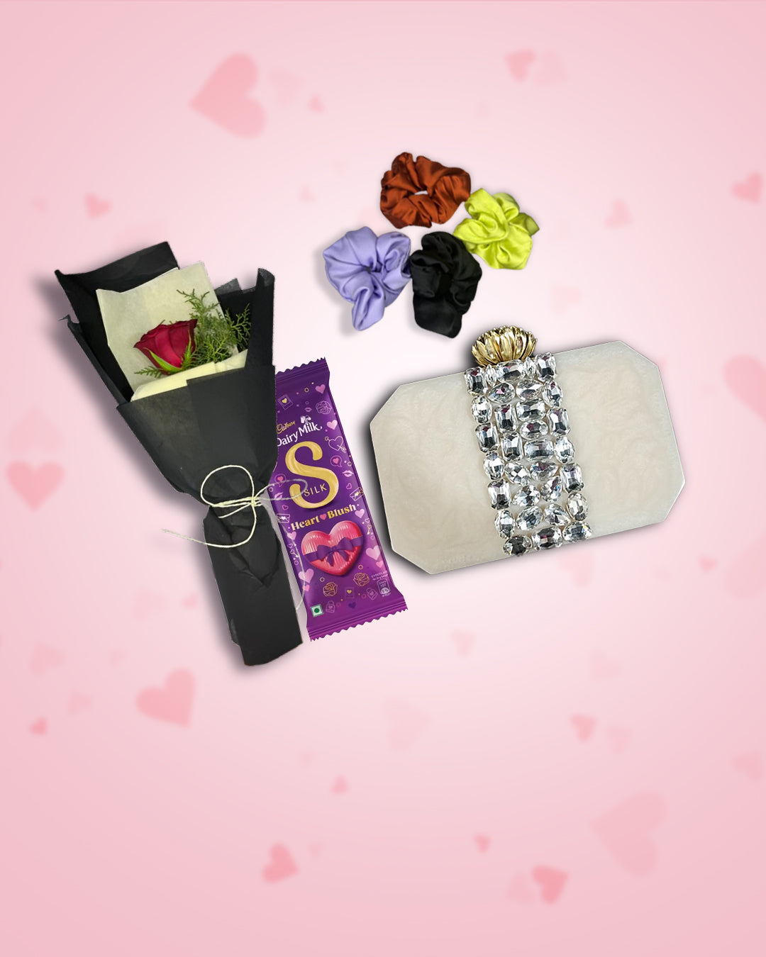 Women's Day Gift : Resin Clutch + Rose, Chocolate & Scrunchies