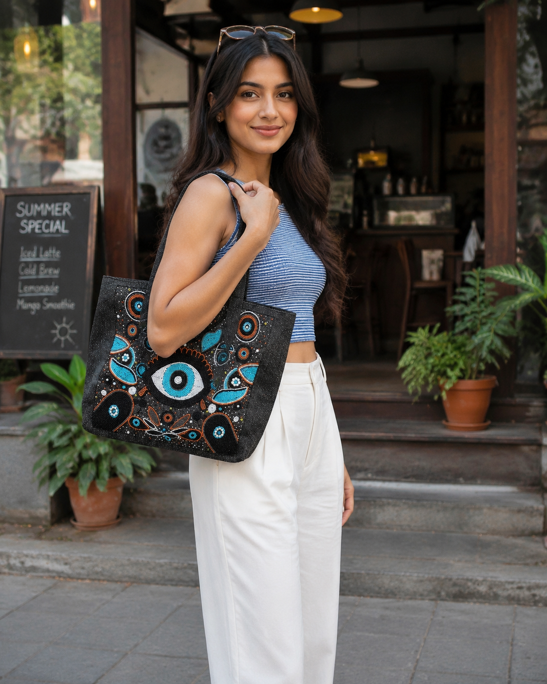 Bohemian Evil Eye Brown Tote Bag for Women (Elysian)